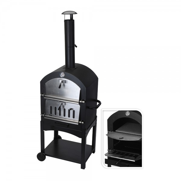 Barbacoa de carbón con horno de piedra 44,5 x 65 x 158 cm